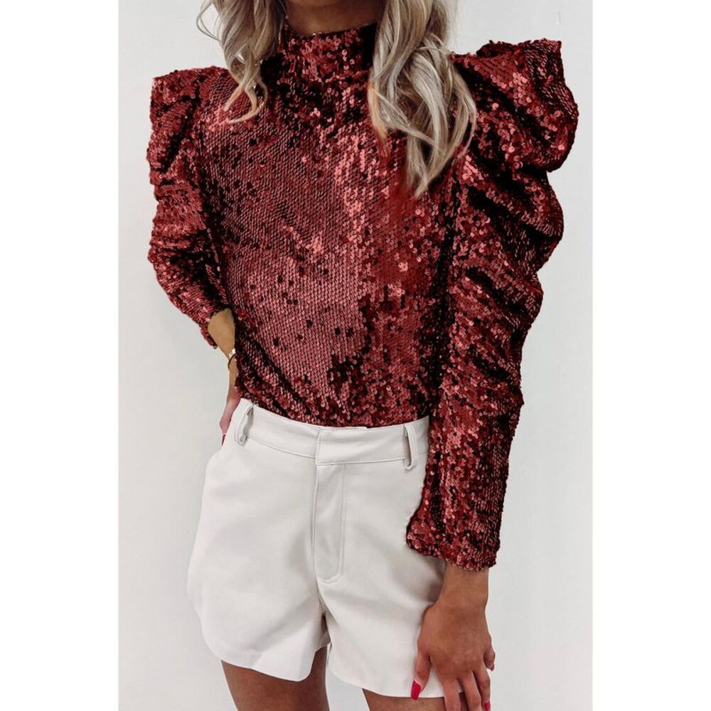 Azura Exchange  Burgundy Sequin Mock Neck Bubble Sleeve Top